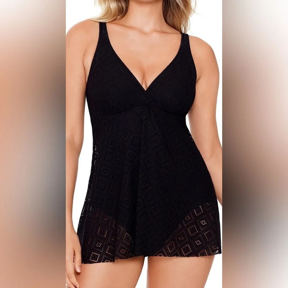 Swim Solutions Black Crochet Flyaway Tummy Control Swimdress Women Size 8 - Picture 2 of 11